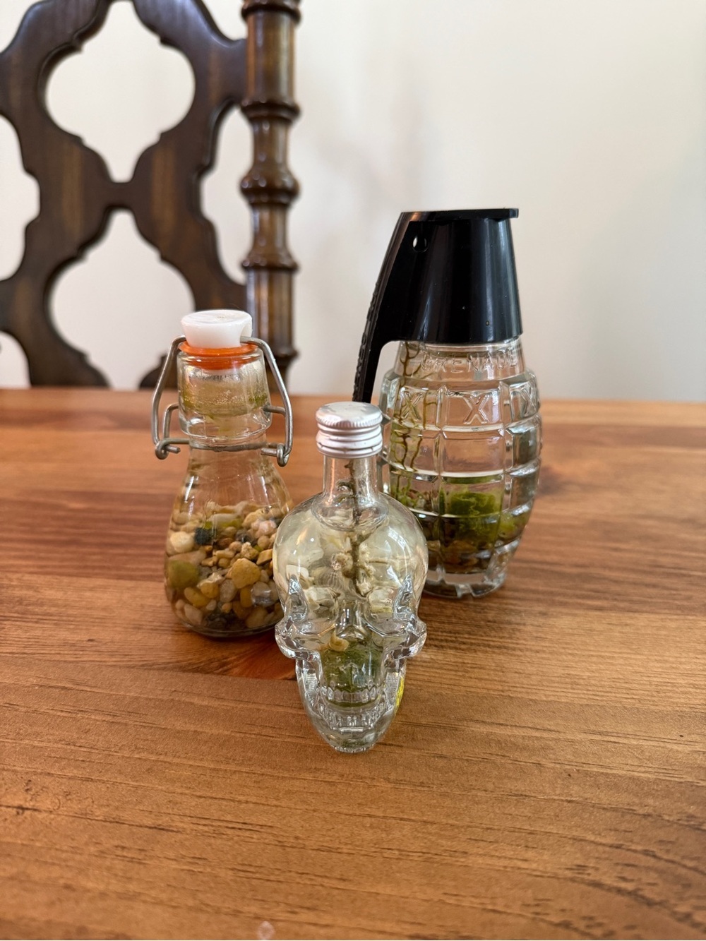 Miniature Skull & Grenade Glass Bottles - Clear with Green Accents (3)